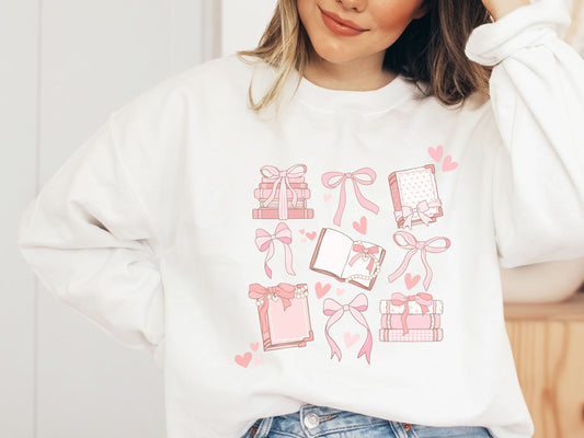 COQUETTE BOOKS sweatshirt, Cute Bow boots, Books coquette Sweatshirt, Pink Ribbon coquette t, pink bow shirt, girly aesthetic ribbon sweater